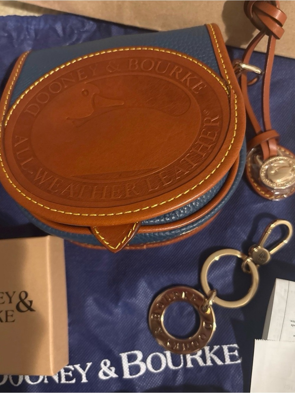 Dooney & Bourke big Duck logo Brown and Navy Leather new w extra Keychain